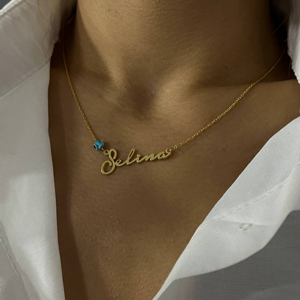 Kardelen Signatur Kette - Waagerecht mit Blaue Nazar Auge - 925 SILBER Clearance-Verkauf