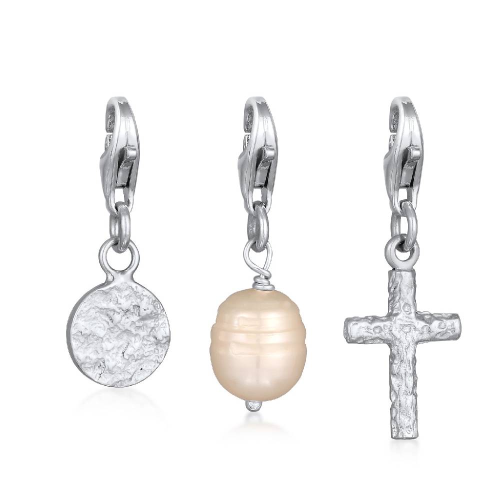 Kuzzoi Charm-Set Kreuz Plättchen Perle | Süßwasserzuchtperle Exklusive Angebote