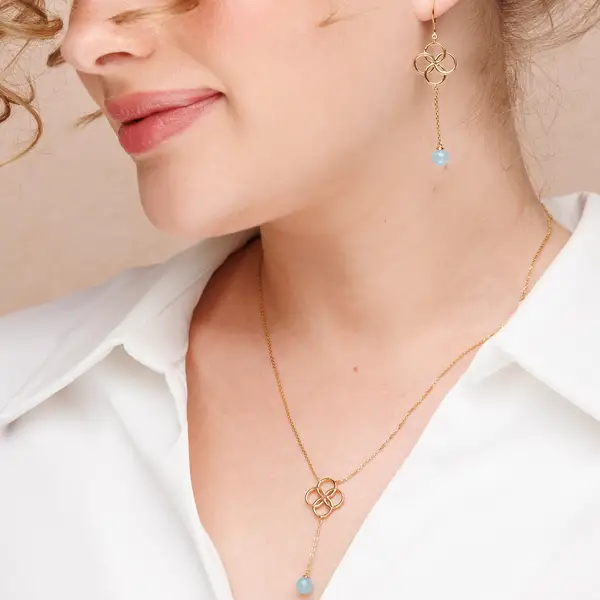 Leaf Jewelry Halskette Clover Charm, Aqua Chalzedon, 18 K Rosegold vergoldet Limitierter Zeitrabatt