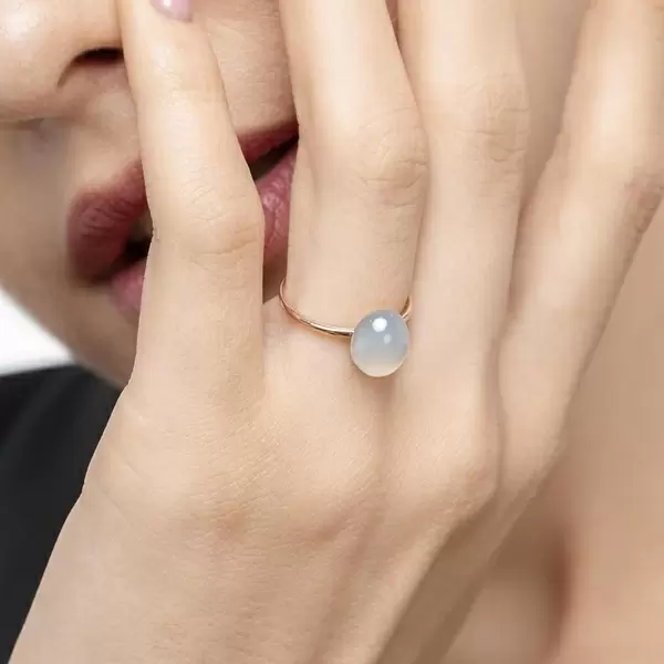 Leaf Jewelry Ring Cabochon II, 14 K Rosegold, Sea Blue Chalzedon Neuheiten