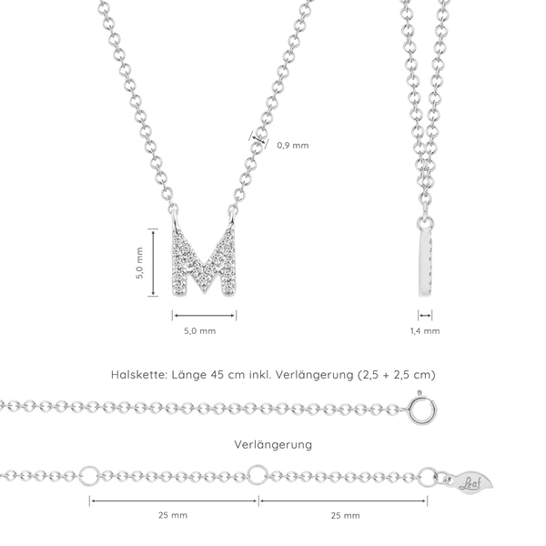 Leaf Jewelry Halskette Letter "M", 14 K Weißgold mit Diamanten Letzte 3 Tage