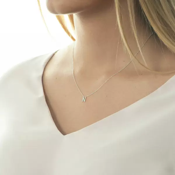 Leaf Jewelry Halskette Letter "N", 14 K Weißgold mit Diamanten Zeitbegrenzte Promotion
