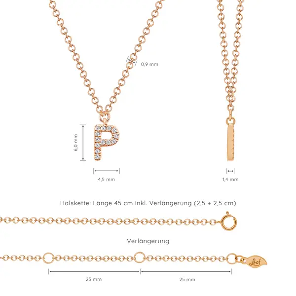 Leaf Jewelry Halskette Letter "P", 14 K Rosegold mit Diamanten zollfrei