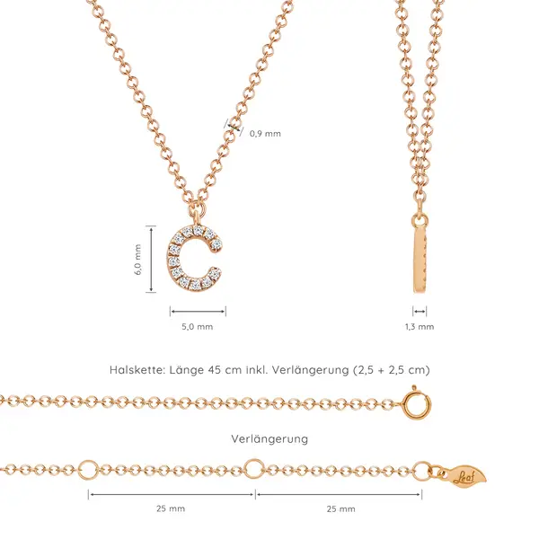 Leaf Jewelry Halskette Letter "C", 14 K Rosegold mit Diamanten Neueste Stile