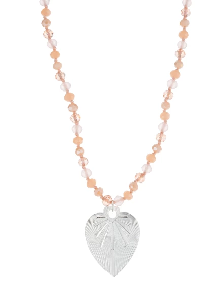 Leslii Lange Kette Herz Glasperlen Edelstahl Silber Beige Günstig kaufen