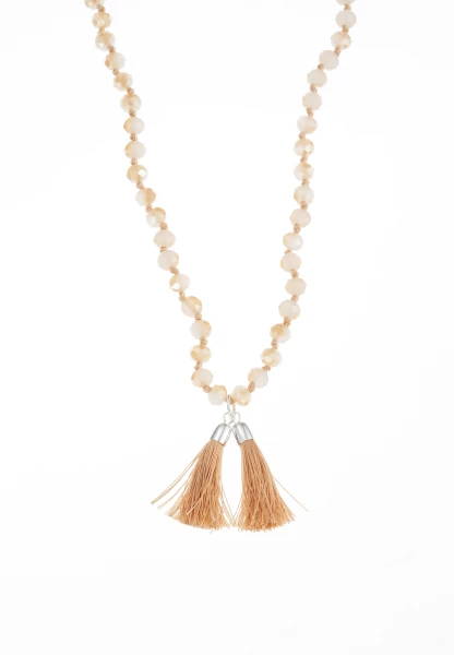 Leslii Lange Kette Tassel Glasperlen Edelstahl Silber Beige Versandkostenfrei