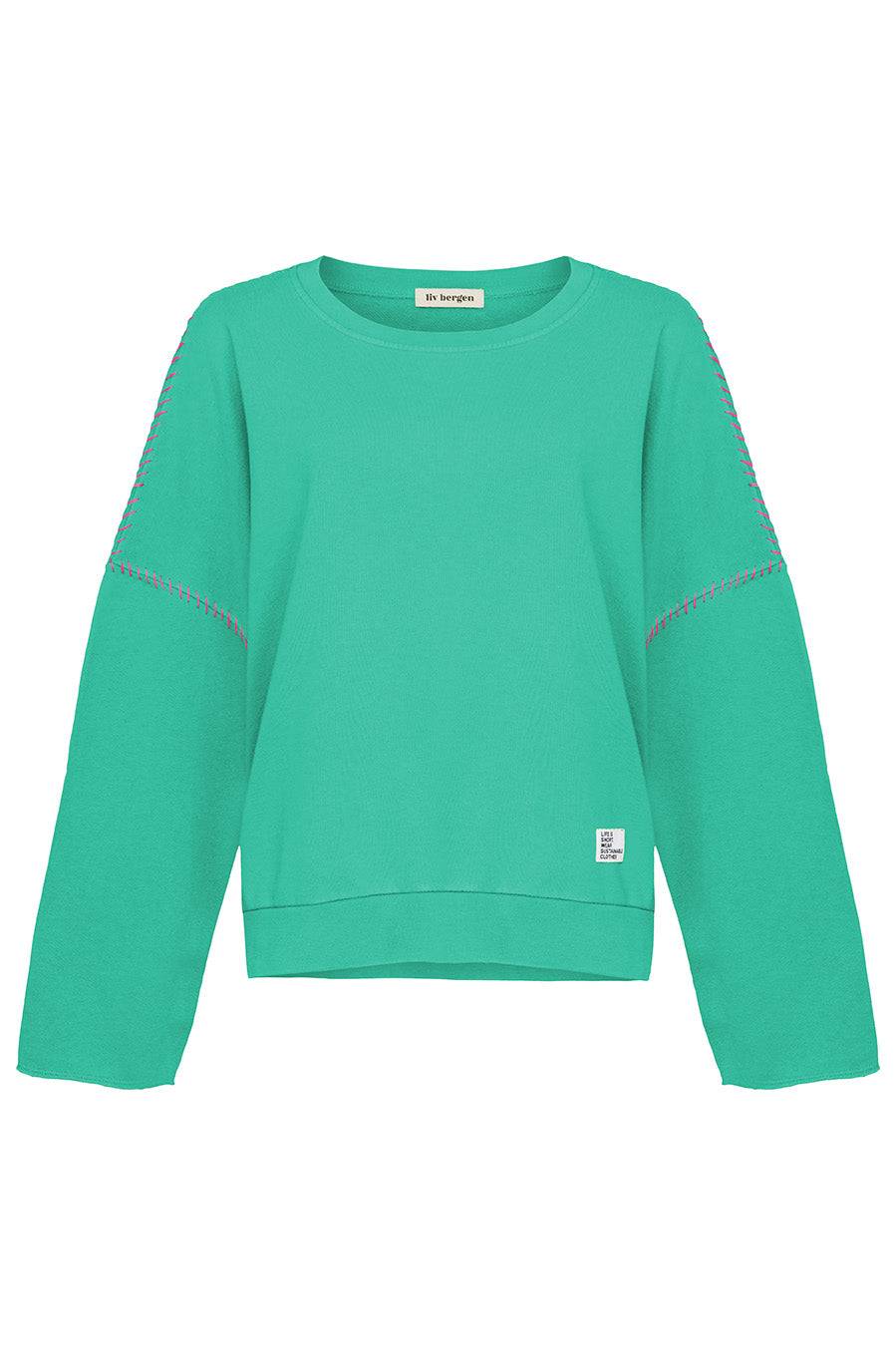 Liv Bergen Sweater "100% Organic Cotton" handstitched in emerald Riesige Ersparnisse