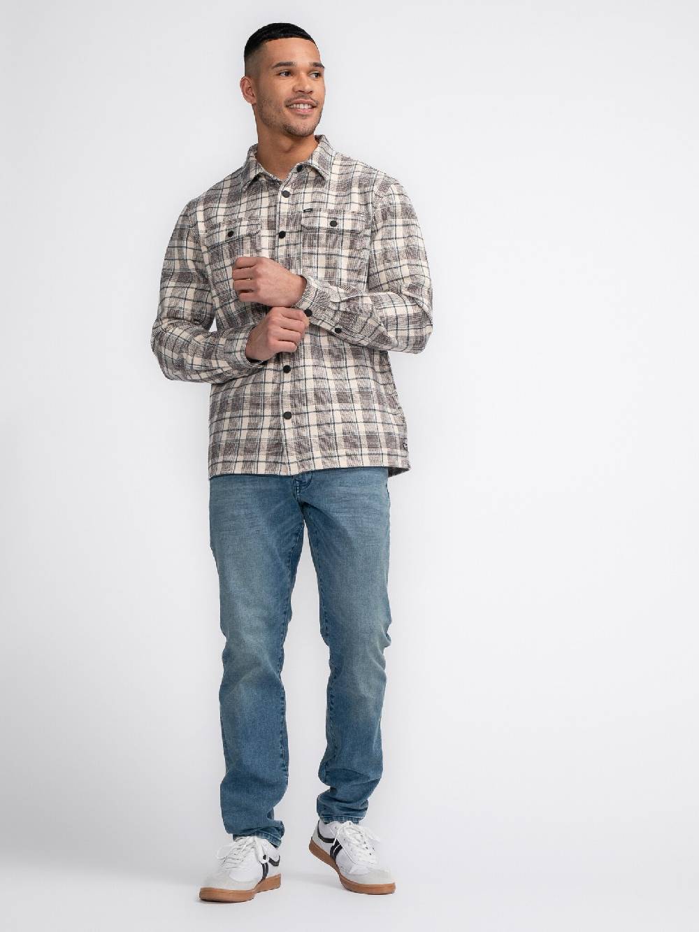 Petrol M-3040-SIL405 Men Shirt Long Sleeve Check (7137 Ecru) Flash Sale