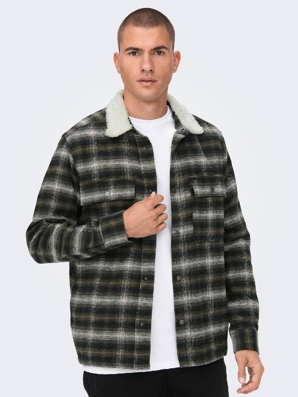 Only & Sons ONSBAZ OVR Teddy Check PKT Sjacket (192819 Canteen) Clearance-Verkauf