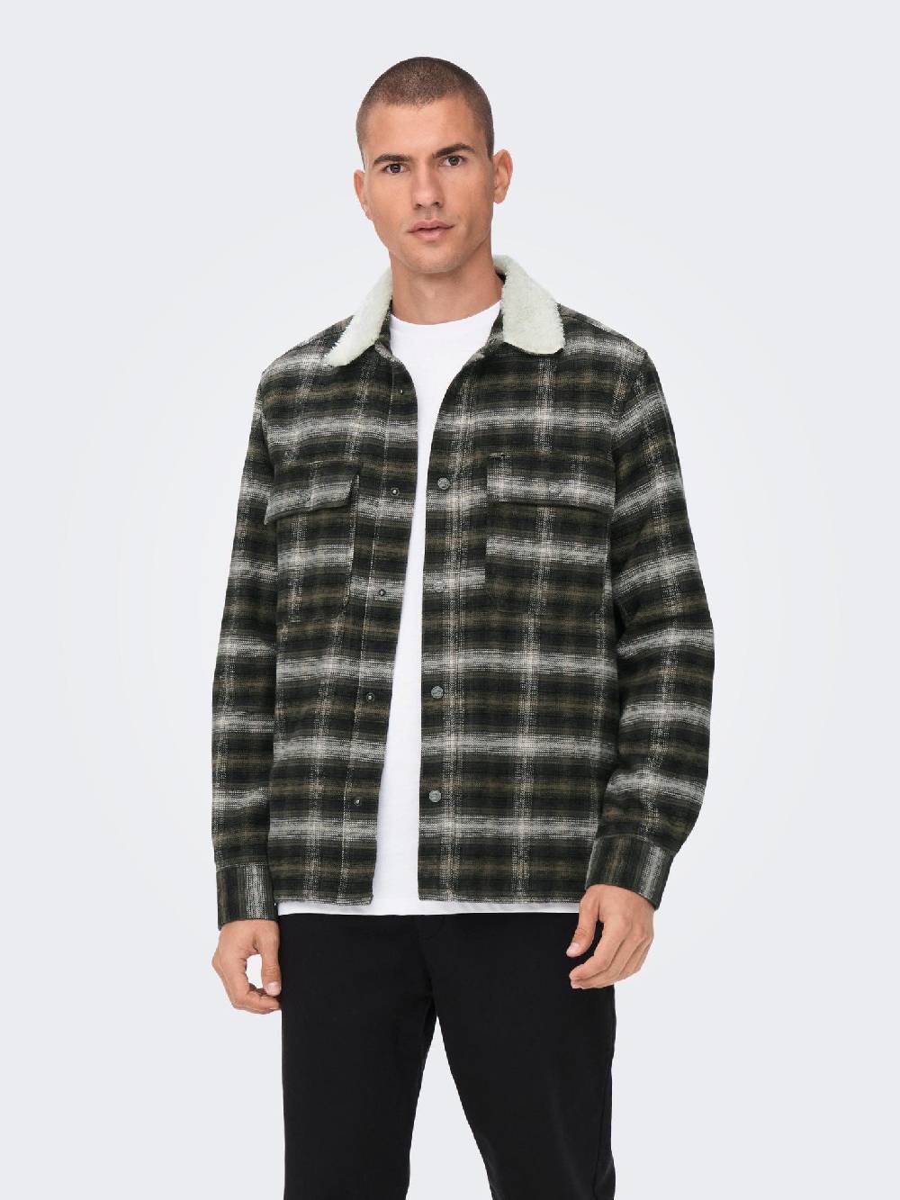 Only & Sons ONSBAZ OVR Teddy Check PKT Sjacket (192819 Canteen) Clearance-Verkauf