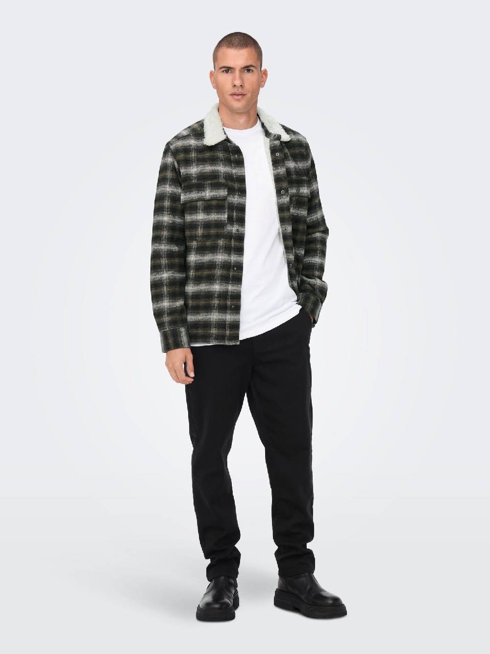Only & Sons ONSBAZ OVR Teddy Check PKT Sjacket (192819 Canteen) Clearance-Verkauf