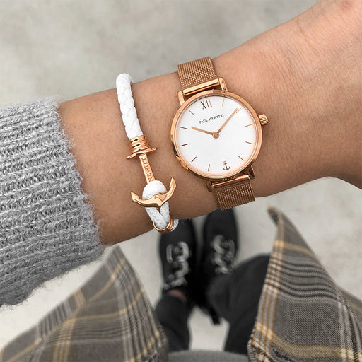 Paul Hewitt Ankerarmband Phrep Lite Roségold Leder Weiß im Angebot