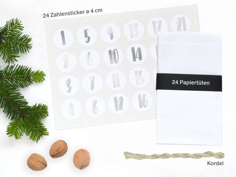 Renna Deluxe Adventskalender SILBER metallic mit weißen Tüten Vierteljährliche Förderung