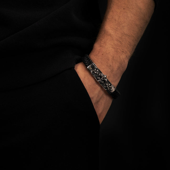 Save Brave Armband Zulu mit Fleur de Lys aus geflochtenem Leder & Edelstahl Fabrikpreis