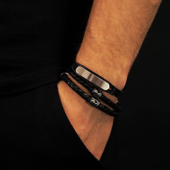 Save Brave Doppeltes Lederarmband Oscar mit Beads aus Edelstahl Rabatt