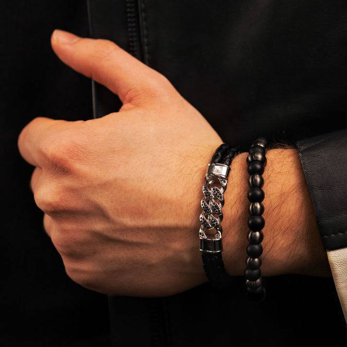 Save Brave Doppeltes Lederarmband Frank mit schwarzen Zirkoniasteinen Blitzangebot