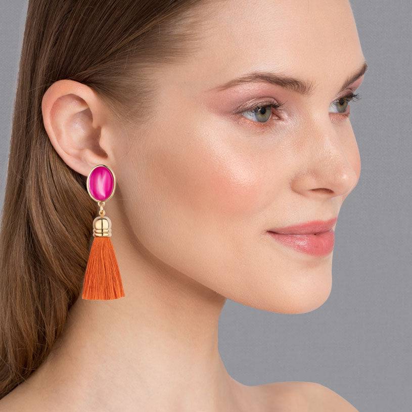 SchwesterSchwester Vergoldete Ohrclips in Pink mit Quaste in Rostorange von AmuseToi Großer Ausverkauf