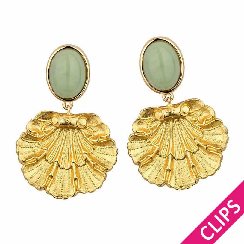 SchwesterSchwester Vergoldete Ohrclips in Jadegrün mit goldenem Muschelornament von AmuseToi Begrenztes Angebot
