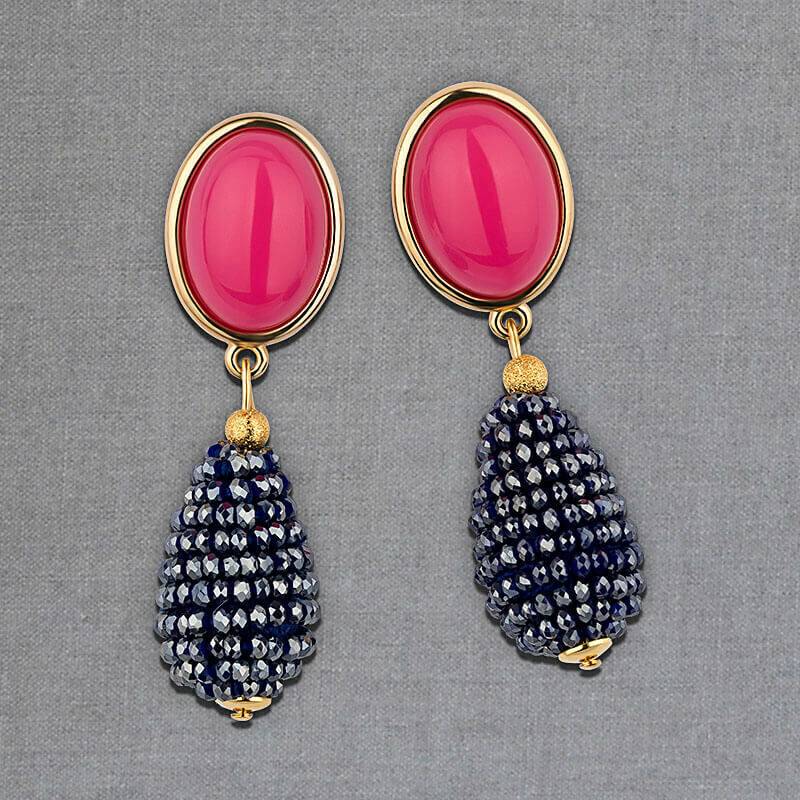 SchwesterSchwester Pinkfarbene Ohrstecker mit glitzerndem dunkelblauen Tropfen von AmuseToi Verkauf