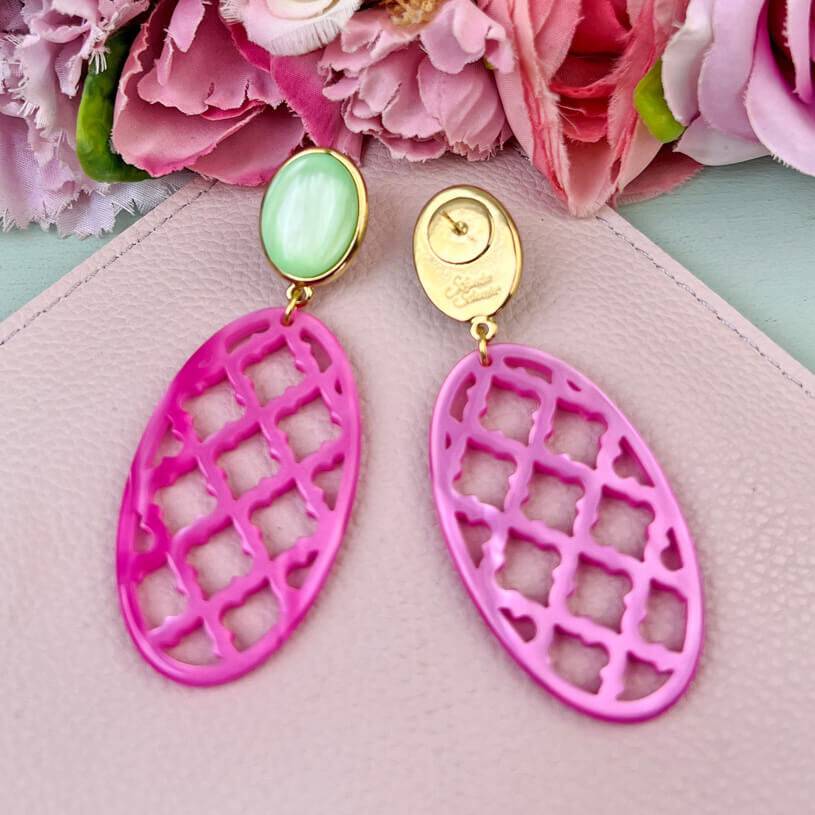 SchwesterSchwester Vergoldete Ohrstecker in wunderschönem Hellgrün mit Oval in Pink im Marrakesch-Stil Top Angebot