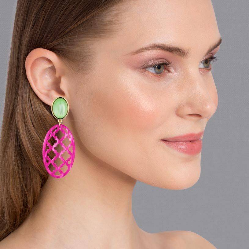 SchwesterSchwester Vergoldete Ohrstecker in wunderschönem Hellgrün mit Oval in Pink im Marrakesch-Stil Top Angebot