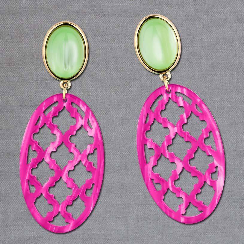 SchwesterSchwester Vergoldete Ohrstecker in wunderschönem Hellgrün mit Oval in Pink im Marrakesch-Stil Top Angebot