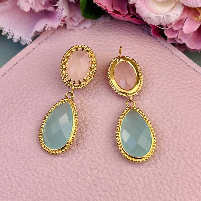 SchwesterSchwester Zartrosa Tropfenohrringe mit Türkisblau funkelnden facettierten Tropfen Online Outlet