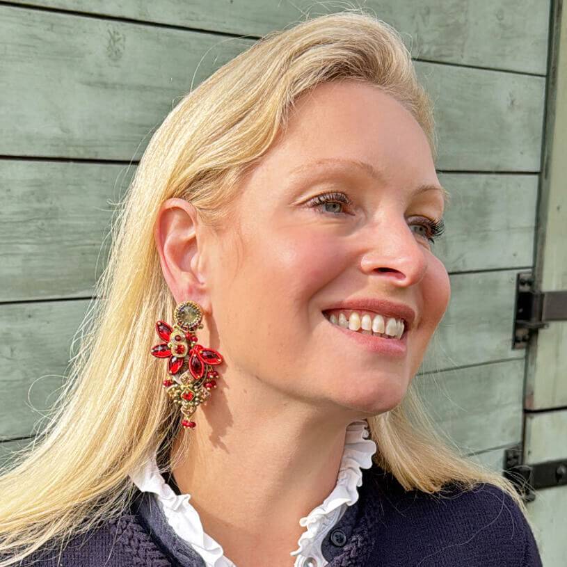 SchwesterSchwester Vorbestellbar - Große Soutache-Ohrringe in Rot und Champagner 50% Rabatt für begrenzte Zeit