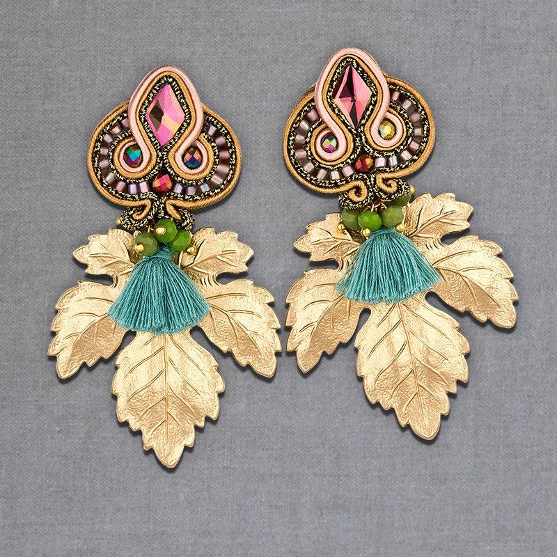 SchwesterSchwester Rosafarbene Soutache-Ohrstecker kleinen hellblauen Quasten und goldenen Blättern Bis zu 50% Rabatt